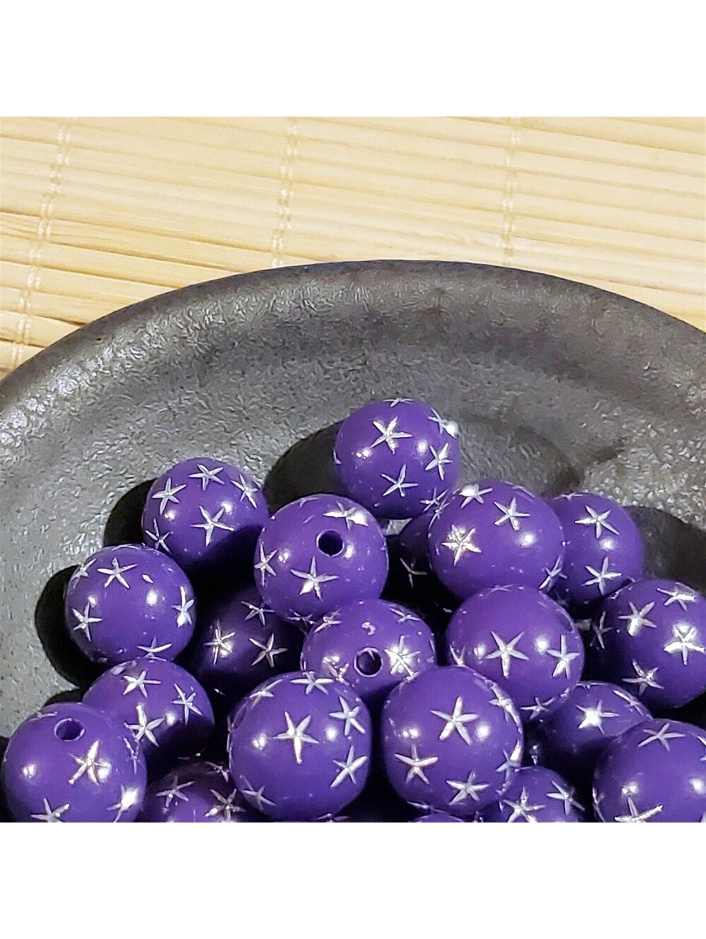 Vintage Retro Purple Silver Stars 12mm Round Acrylic Shabby Chic Beads 10 pcs - Picture 6 of 7